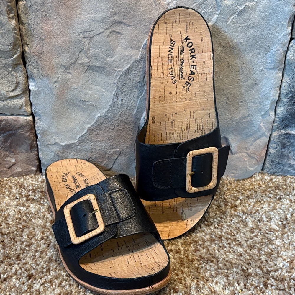 Kork-Ease Black Slide Sandals with Cork Footbed